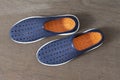 Top View of Pair of Blue Shoes Isolated on Wooden Background