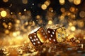 High resolution image of shiny golden craps dices in captivating motion for casino gaming concept