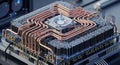 Close-up of an advanced computing processor featuring intricate copper cooling pipes and detailed electronic components. Royalty Free Stock Photo