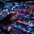 Hand Interacting with Futuristic Digital Data and Charts Interface Royalty Free Stock Photo