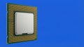 High-Performance CPU Chip with Gold Pins Isolated on Blue Background Royalty Free Stock Photo