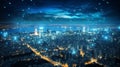 High resolution image of technologically advanced metropolis illuminated at night