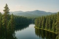 Calm river flanked by pine forest with distant hills under clear sky Royalty Free Stock Photo