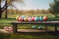 Easter eggs on a brench in front of a field Royalty Free Stock Photo
