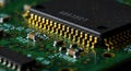 High Resolution Macro Close Up of Modern Microchip on Green Printed Circuit Board with Gold Connectors and Electronic Components Royalty Free Stock Photo