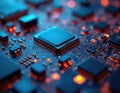 High-resolution macro photograph of complex electronic circuit board. Features intricate pathways, microchips, components in Royalty Free Stock Photo