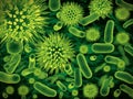 Vivid 3D microscopic view of green bacteria and viral pathogens. Royalty Free Stock Photo