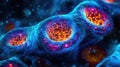 High-Resolution Microscopic Image of Cells with Vibrant Blue and Red Hues, Highlighting Nucleus and Cellular Structures Royalty Free Stock Photo