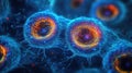 High-Resolution Microscopic Image of Cells with Vibrant Blue and Red Hues, Highlighting Nucleus and Cellular Structures Royalty Free Stock Photo