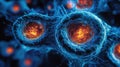 High-Resolution Microscopic Image of Cells with Vibrant Blue and Red Hues, Highlighting Nucleus and Cellular Structures Royalty Free Stock Photo