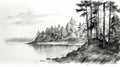 Black And White Watercolor Sketch Of Pine Trees Along Water Royalty Free Stock Photo