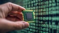 Businessman\'s Hand Holding Digital Chip in Front of Binary Code: Cyber Security, Business Technology, AI & Big Data Conc Royalty Free Stock Photo