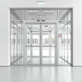 Modern Glass Entrance Door with Exit Sign and Elevator Interior Royalty Free Stock Photo