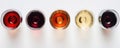 Top view of five wine glasses with different types of wine Royalty Free Stock Photo