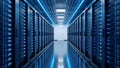 Modern Data Center Server Rack Corridor with Blue LED Lighting Royalty Free Stock Photo