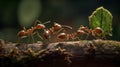 A high-resolution photograph of three ants working together to build a bridge. Generative AI