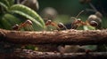 A high-resolution photograph of three ants working together to build a bridge. Generative AI