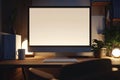 Modern Home Office Setup at Night with Glowing Computer Screen Royalty Free Stock Photo