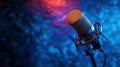 High-resolution, realistic studio microphone on a vibrant background, emphasizing a professional podcast setup and the