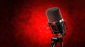 High-resolution, realistic studio microphone on a vibrant background, emphasizing a professional podcast setup and the