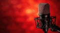 High-resolution, realistic studio microphone on a vibrant background, emphasizing a professional podcast setup and the