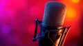 High-resolution, realistic studio microphone on a vibrant background, emphasizing a professional podcast setup and the