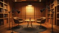 High-resolution, realistic studio microphone on a vibrant background, emphasizing a professional podcast setup and the