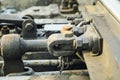 High resolution rusty bolts and screws on abandoned railroad train track Royalty Free Stock Photo