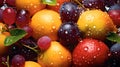 Luminous Water Drops on Vivid Assortment of Fruits Enhancing Their Juicy Allure. Generative Ai