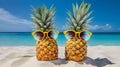 Quirky Image of Two Pineapples with Sunglasses Posing as Unconventional Models on a Sandy Beach. Generative Ai