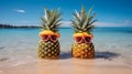 Quirky Image Of Two Pineapples With Sunglasses Posing As Unconventional Models On A Sandy Beach. Generative Ai