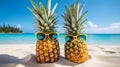 Quirky Image of Two Pineapples with Sunglasses Posing as Unconventional Models on a Sandy Beach. Generative Ai