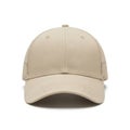 A high-resolution studio photograph of a plain beige trucker cap with mesh back and curved brim, isolated on a white background Royalty Free Stock Photo