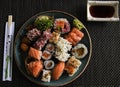 High Resolution Sushi Plate Presentation Soya & Chopsticks Royalty Free Stock Photo