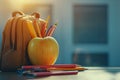 High Resolution Visual of Apple and Stationery Near Schoolbag Royalty Free Stock Photo