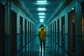 Figure in Yellow Jacket in Prison Hallway Royalty Free Stock Photo
