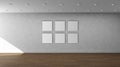 High resolution white wall empty interior template with 6 white color square frames on front wall.