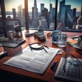 Investment Analysis: Close-up of Magnifying Glass on Investment Charts and Laptop in Modern Office