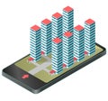 High-rise apartment isometric building in mobile phone. Housing development project, modern hospital complex.