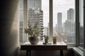 high-rise apartment with view of the city, and a houseplant in concrete flowerpot on windowsill