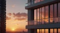 A high-rise balcony with soft sunset reflections on its glass windows Royalty Free Stock Photo