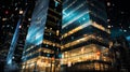 A high-rise building at night, its faÃÂ§ade emblazoned with stock market ticker tape