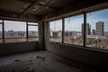 high-rise building, with a view of the city, showing off its abandoned and desolate interior