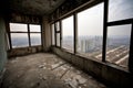 high-rise building, with a view of the city, showing off its abandoned and desolate interior