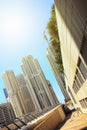 High-rise buildings against the blue sky. Bottom view Royalty Free Stock Photo