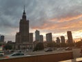 Warsaw city skyline in evening light.