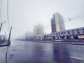 High-rise buildings in the fog, the city of Petrozavodsk, morning.