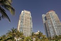 High-rise buildings modern urban architecture and palms on blue sky in South Beach, USA