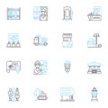 High rise linear icons set. Skyscraper, Towering, Elevated, Lofted, Tall, Multi-story, Vertical line vector and concept