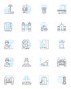 High rise linear icons set. Skyscraper, Towering, Elevated, Lofted, Tall, Multi-story, Vertical line vector and concept
